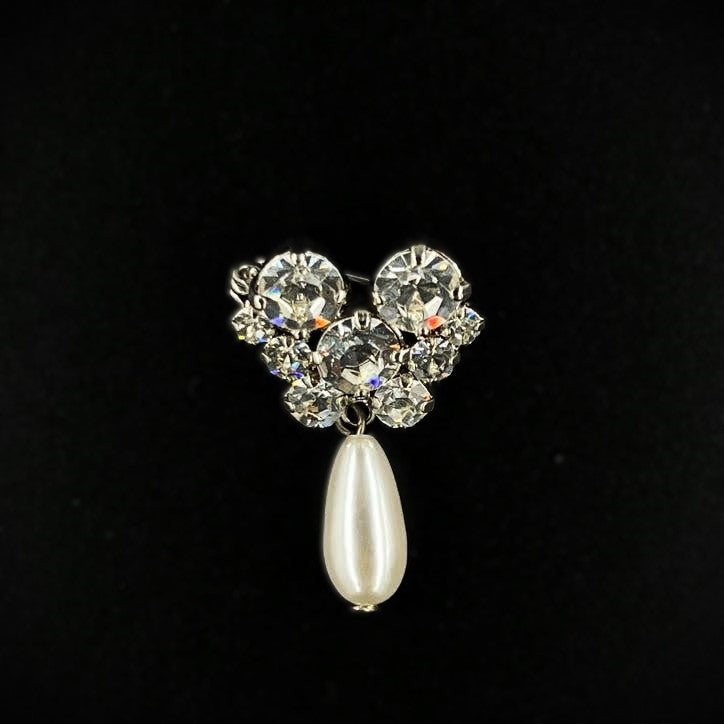 Drop Pearl Glass Crystals Brooch, Silver