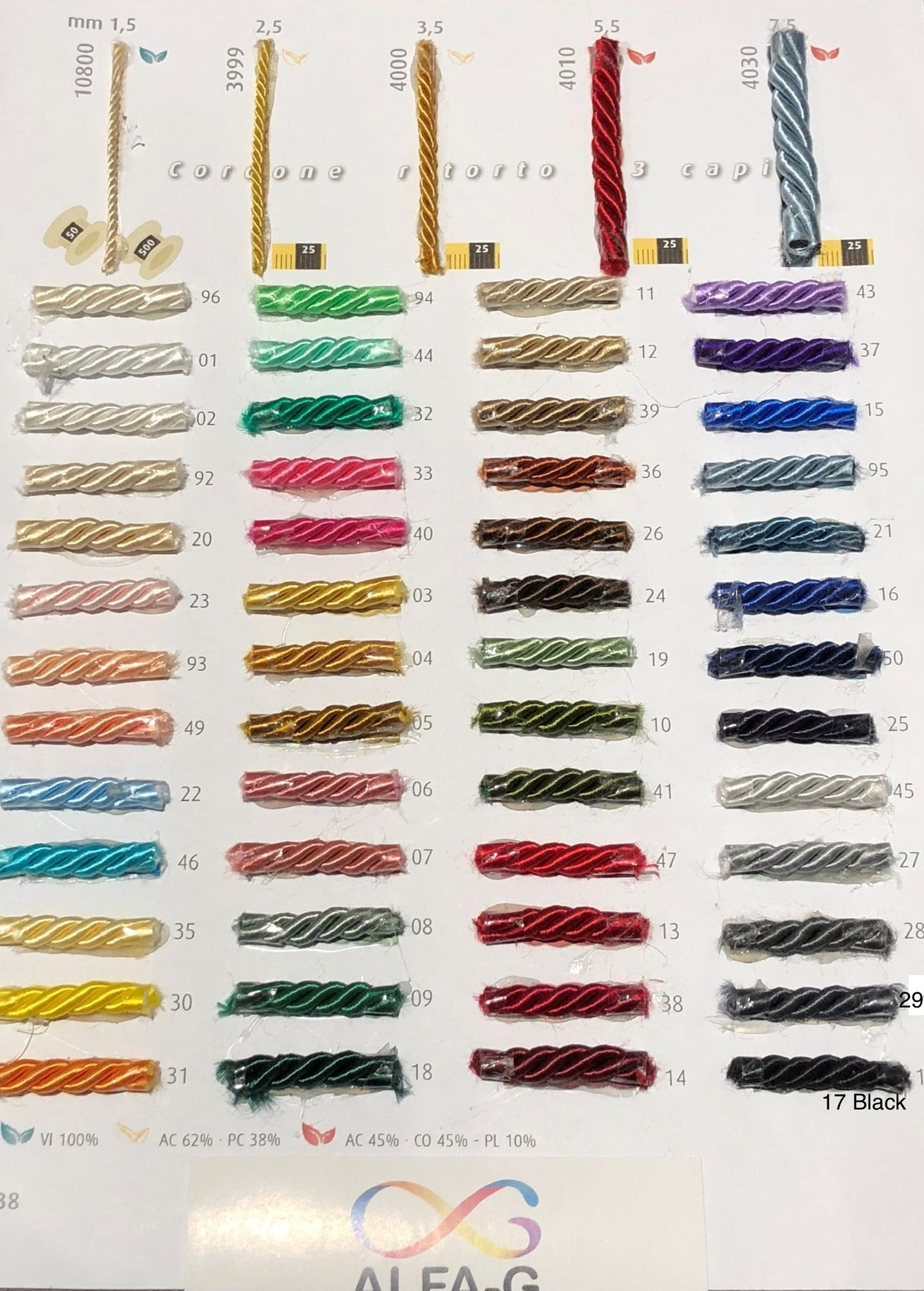 Acetate Twisted Cord, 1.5mm, 52 colours