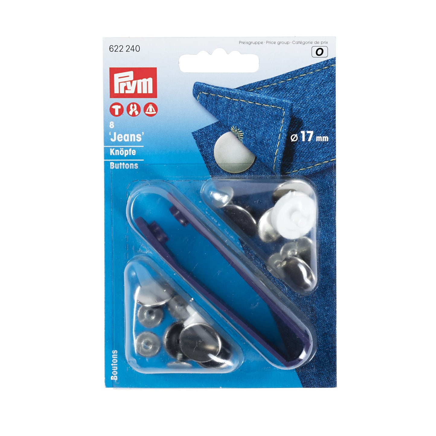 PRYM Non-Sew Smooth Jeans Buttons, 17mm, Silver