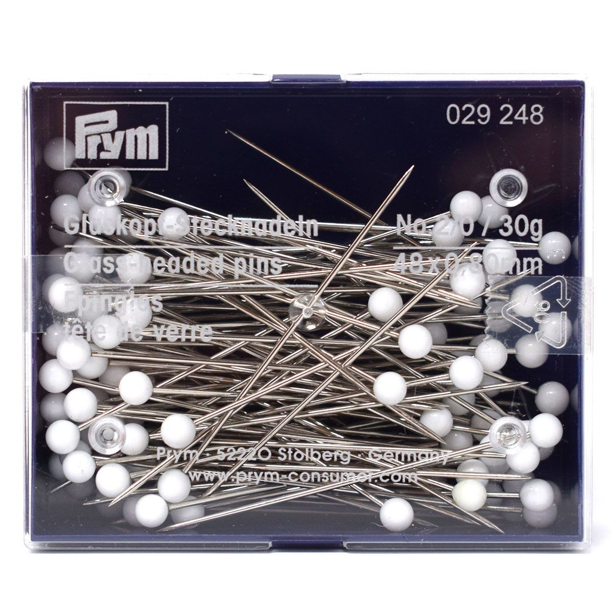Prym glass-headed pins 0.80 x 48mm white, 30g box
