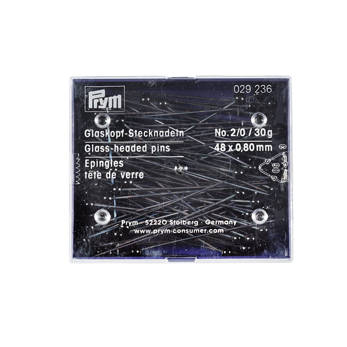 Prym glass-headed pins 0.80 x 48mm black, 30g card with box