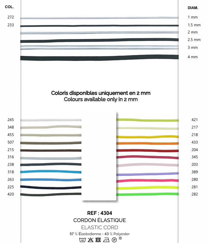 Round Elastic Cord, 2mm, 24 colours