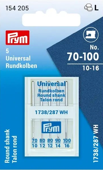 PRYM, Universal Round Shank Sewing Machine Needles 1738/287, no.70-100, 5pcs