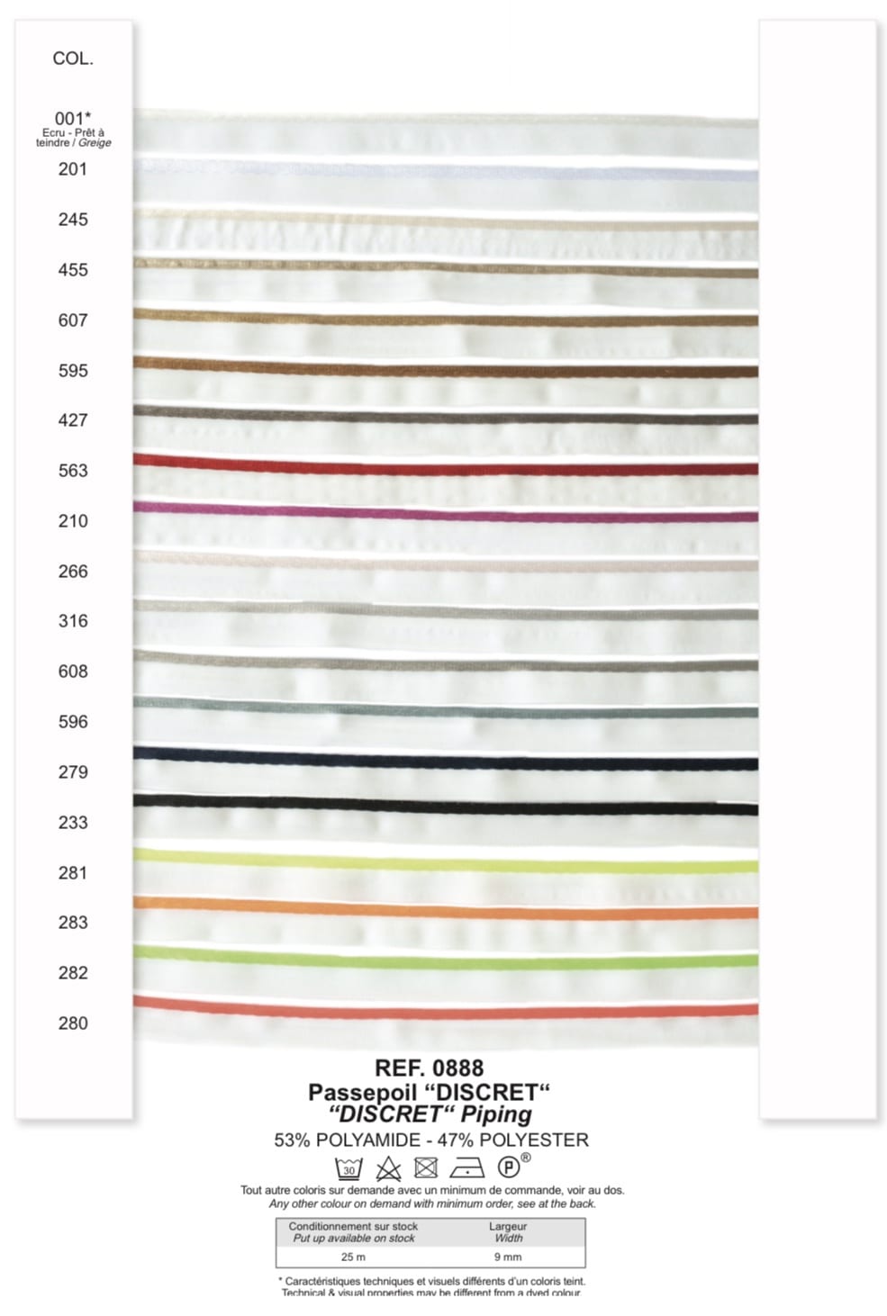 Discret Satin Piping Insertion Cord, 9mm