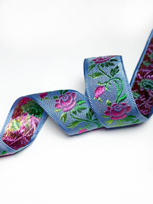 Vintage Embroidered Jacquard Ribbon, Roses, 21mm