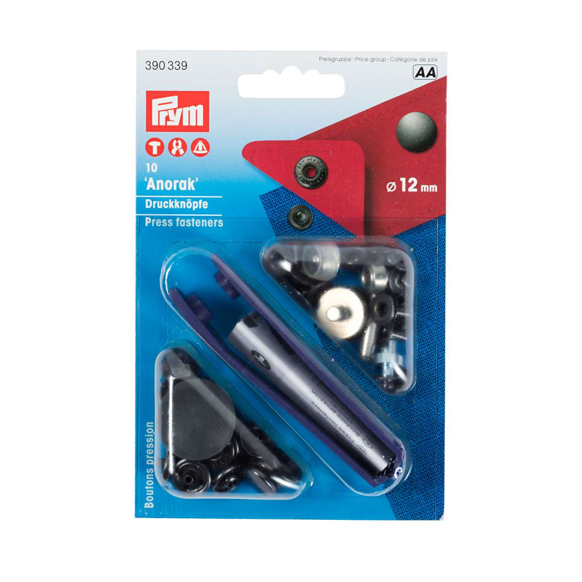 Non-sew press fastener anorak 12mm, 5 colours