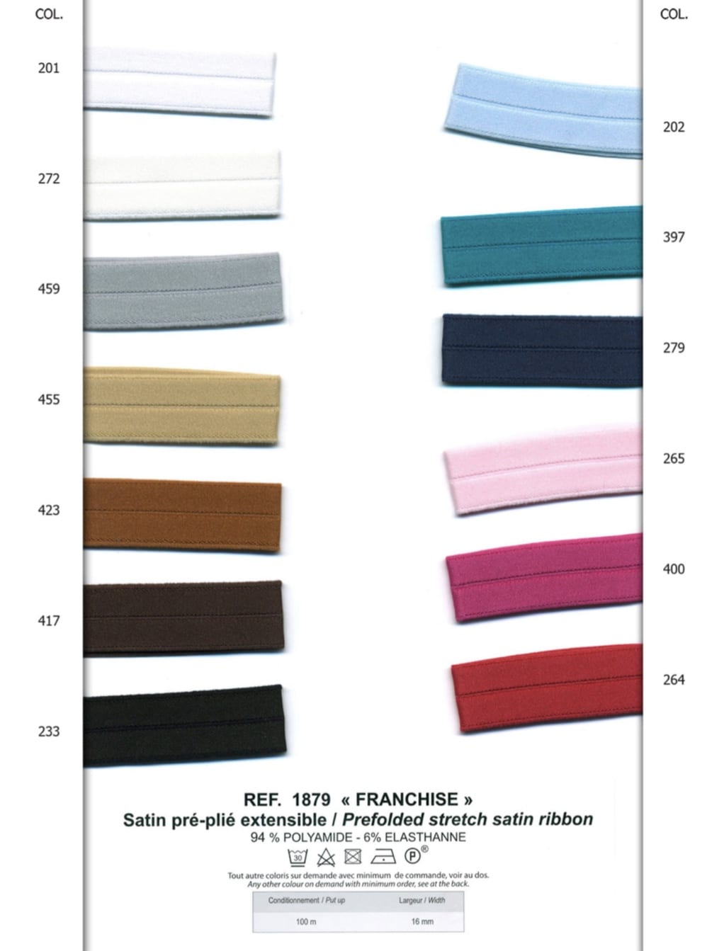 Prefolded Matte Satin Elastic Ribbon, 13 colours