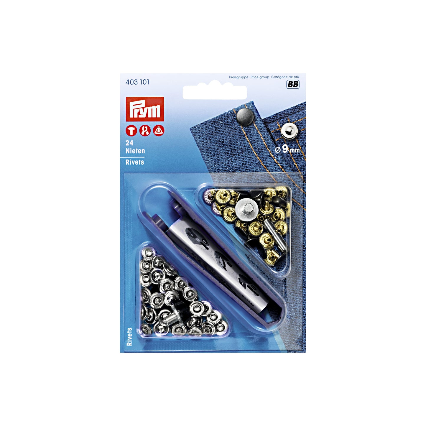 PRYM Jeans Rivets, 9mm, Silver/Old Iron