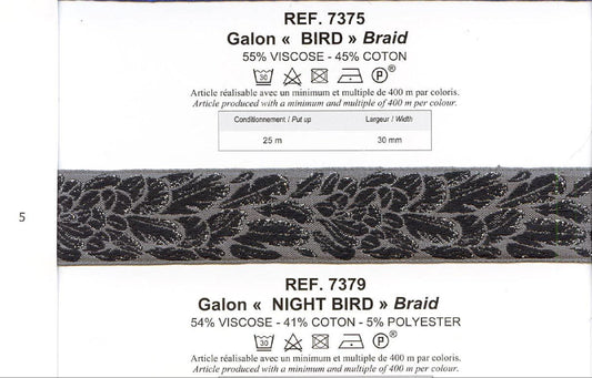 "Night Bird" 30mm Braid Trim, Grey